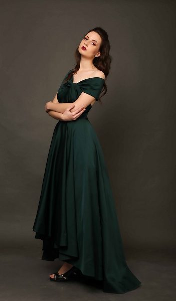 BOTTLE GREEN OFF SHOULDER DRAPED GOWN – Labeln